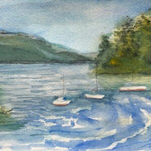 Small watercolor of Button Bay e with reeds and distant water.