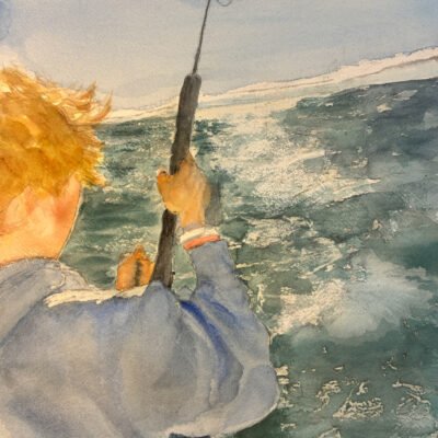 Watercolor action scene of a fishing boat hauling in a large catch.