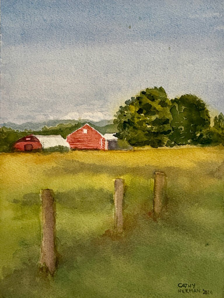 Watercolor of a weathered barn and fence, muted autumn palette.