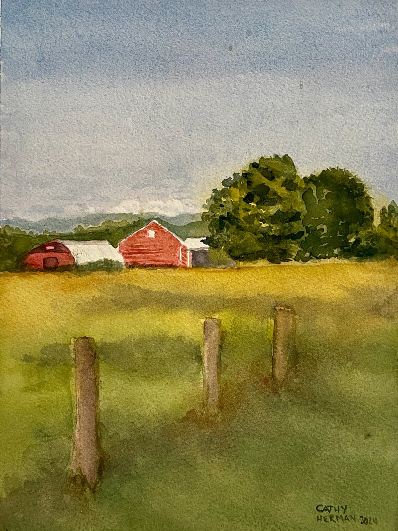 Watercolor of a weathered barn and fence, muted autumn palette.