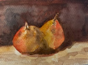 Small watercolor still life of pears on a tabletop with soft shadow.