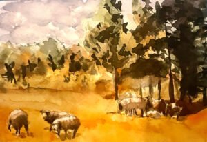 Small watercolor of sheep grazing along a green lane, pastoral mood.
