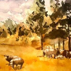 Small watercolor of sheep grazing along a green lane, pastoral mood.