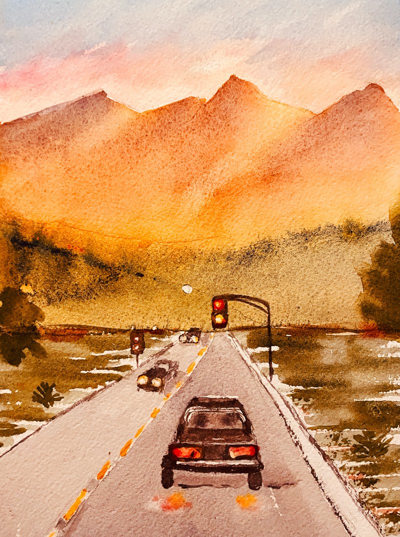 Watercolor sunset/twilight scene with warm horizon and silhouetted forms.