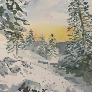Small watercolor of a snowy Catskills scene in cool grays and blues.