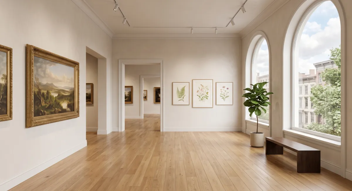 An inviting, wide-angle interior photograph of an elegant fine art gallery with clean white walls, polished wood floors, and curated framed paintings (landscapes and botanicals), bathed in natural light from an arched window.